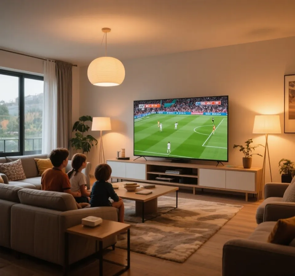 在电视与移动设备上观看足球直播的场景示意图