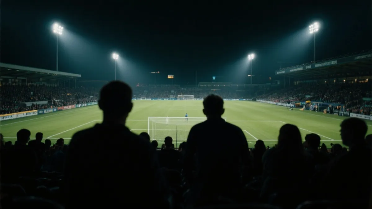 淘汰赛紧张氛围的球场灯光与人群剪影