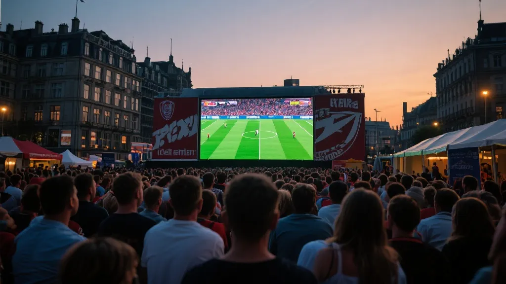 球迷在城市球迷区观看比赛的大屏,象征赛中转化与商业联动
